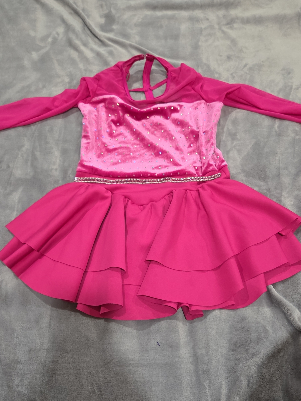 Hot Pink Layered Skirt Dance Costume with Rhinestone Trim